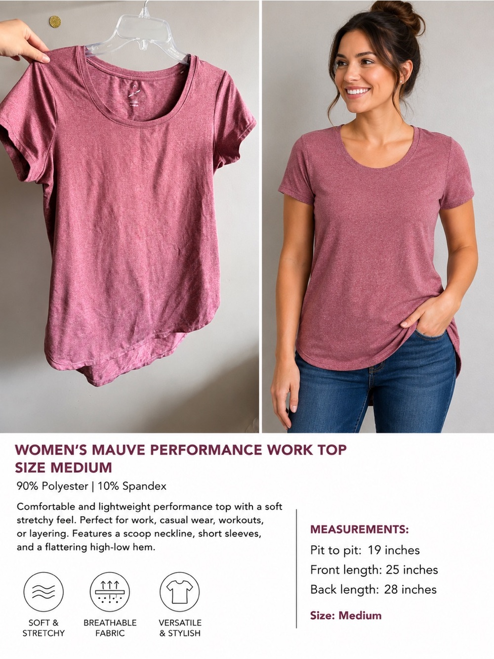 Women’s Mauve Performance Work Top Size Medium – High Low Hem Stretch Tee
